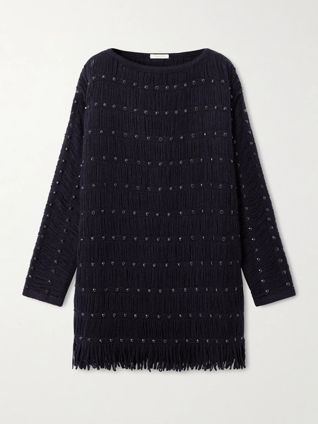  Diotima Diotima - Notte Fringed Embellished Open-knit Merino Wool-blend Mini Dress - Navy 