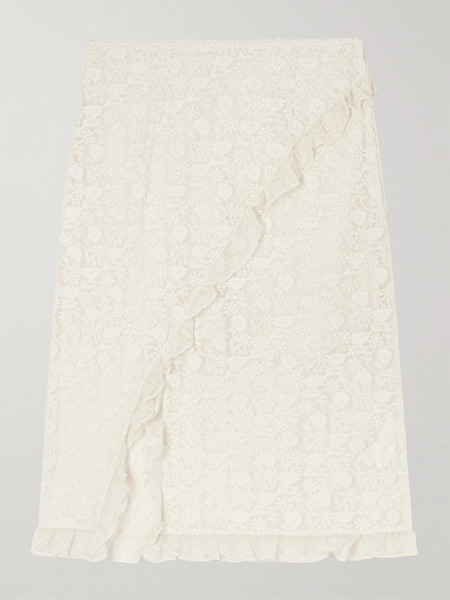  Dôen Dôen - Aurella Ruffled Embroidered Mesh Midi Skirt - Ecru 
