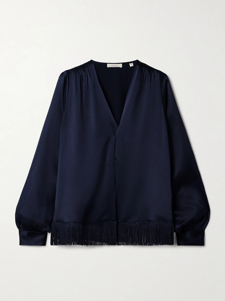  Dôen Dôen - Candace Fringed Silk-satin Blouse - Navy 