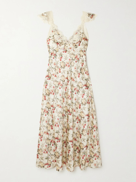  Dôen Dôen - Fiona Lace-trimmed Floral-print Silk-satin Midi Dress - Multi 