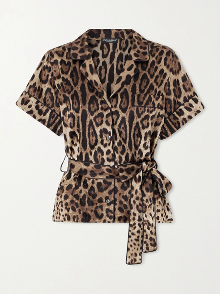  Dolce & Gabbana Dolce & Gabbana - Belted Piped Leopard Print Silk-blend Satin Shirt - It40 