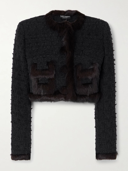  Dolce & Gabbana Dolce & Gabbana - Cropped Shearling-trimmed Cotton-blend Tweed Jacket - Black 
