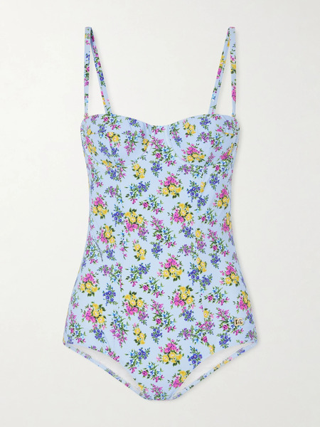  Dolce & Gabbana Dolce & Gabbana - Embellished Floral-print Swimsuit - Light Blue 