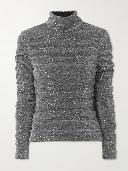 Dolce & Gabbana Dolce & Gabbana - Ruched Sequin-embellished Lurex Turtleneck Blouse - Silver 