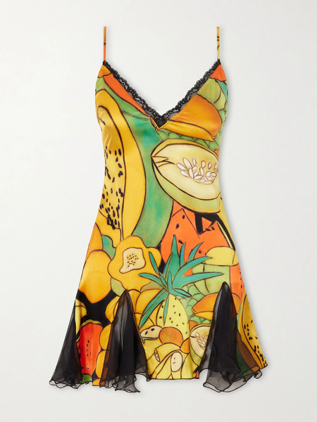  Donde Esteban Donde Esteban - Frutas Ruffled Lace-trimmed Printed Silk-blend Satin And Chiffon Mini Dress - Multi 