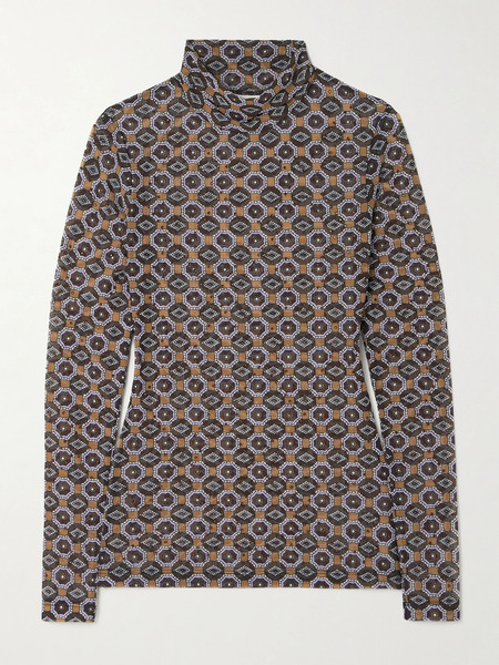  Dries Van Noten Dries Van Noten - Crystal-embellished Printed Stretch-mesh Turtleneck Top - Brown 