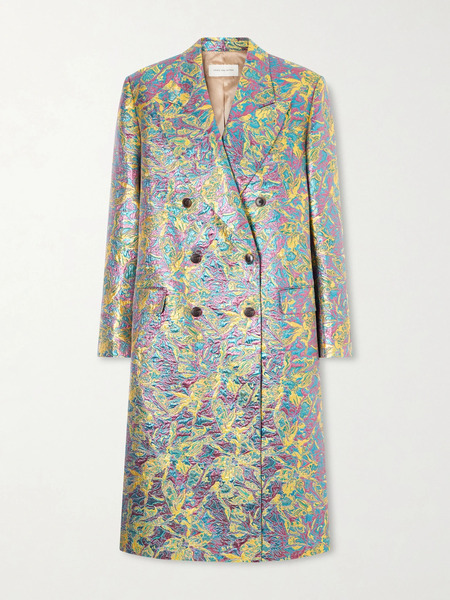  Dries Van Noten Dries Van Noten - Double-breasted Metallic Floral-jacquard Long Coat - Yellow 