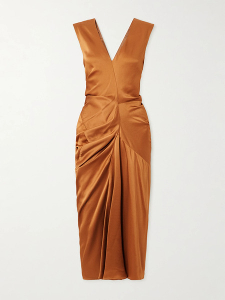  Dries Van Noten Dries Van Noten - Gathered Satin Midi Dress - Orange 