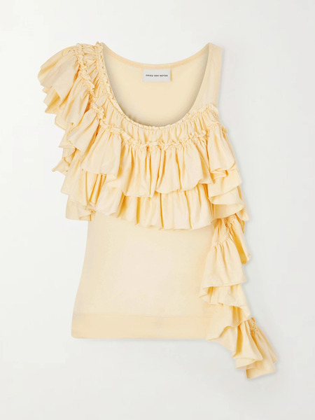  Dries Van Noten Dries Van Noten - Humza Ruffled One-shoulder Cotton-jersey Tank Top - Ivory 