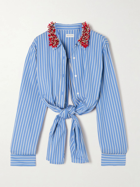  Dries Van Noten Dries Van Noten - Knotted Embellished Striped Cotton-poplin Shirt - Blue 