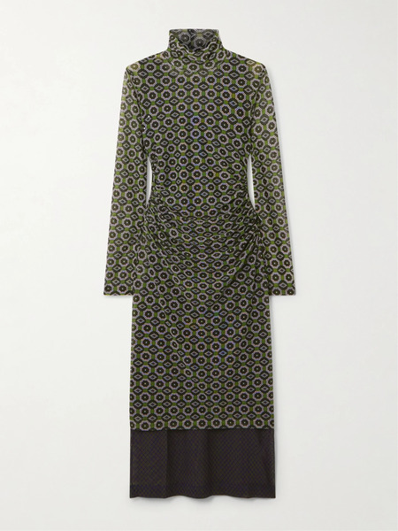  Dries Van Noten Dries Van Noten - Layered Printed Mesh Turtleneck Midi Dress - Gray Green 