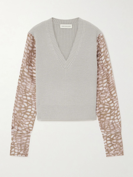  Dries Van Noten Dries Van Noten - Ribbed-knit And Printed Satin Sweater - Light Gray 