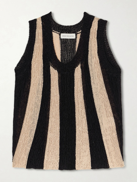  Dries Van Noten Dries Van Noten - Toast Striped Open-knit Top - Black 