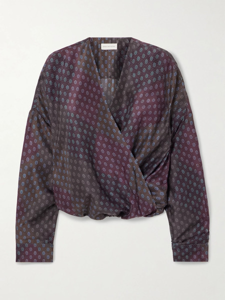  Dries Van Noten Dries Van Noten - Wrap-effect Draped Printed Silk-habotai Blouse - Burgundy 