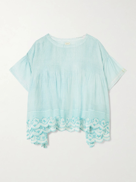  Eka Eka - Cai Pintucked Embroidered Checked Cotton And Silk-blend Voile Blouse - Blue 