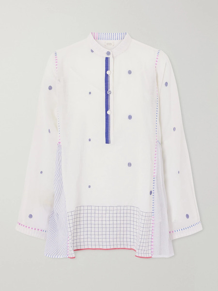  Eka Eka - Cosmos Handwoven Cotton-jamdani Blouse Patched With Printed Stripes - Off-white 