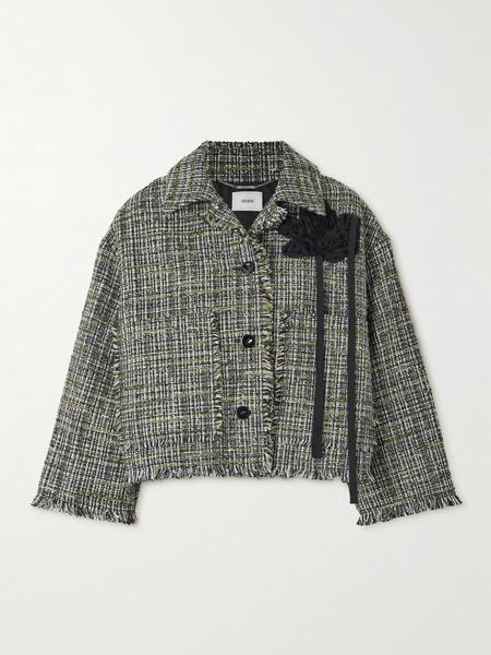  Erdem Erdem - Cropped Appliquéd Frayed Tweed Jacket - Gray Green 