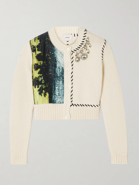  Erdem Erdem - Cropped Crystal-embellished Printed Cotton-blend And Satin Cardigan - Multi 