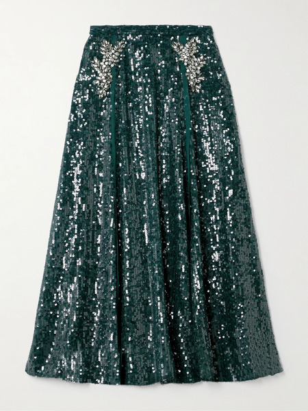  Erdem Erdem - Embellished Sequined Chiffon Midi Skirt - Dark Green 