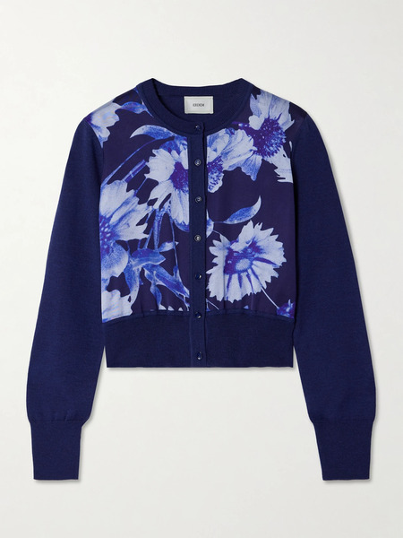  Erdem Erdem - Merino Wool And Floral-print Satin Cardigan - Indigo 