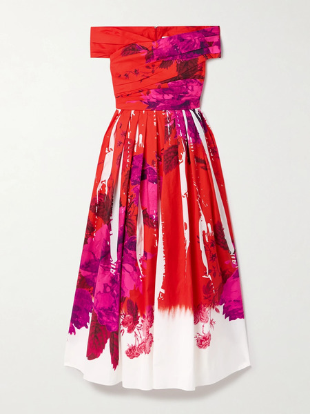  Erdem Erdem - Off-the-shoulder Pleated Printed Cotton-faille Midi Dress - Red 
