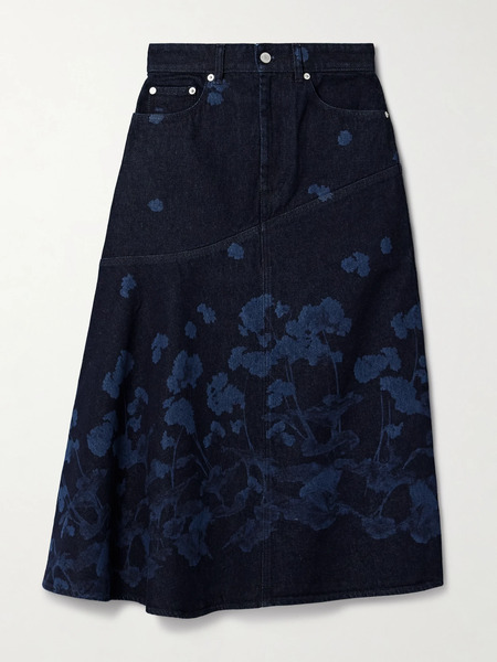  Erdem Erdem - Paneled Floral-print Denim Midi Skirt - Dark Denim 