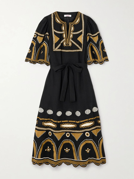  Eres Eres - Ornament Belted Embroidered Linen Midi Dress - Black 