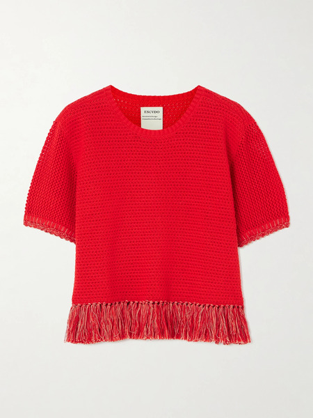  Escvdo Escvdo - Amada Cropped Fringed Crocheted Cotton Top - Red 