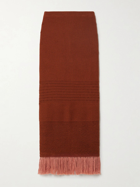  Escvdo Escvdo - Carisa Fringed Open-knit Cotton Midi Skirt - Brown 