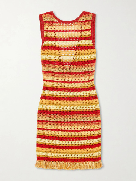  Escvdo Escvdo - Nevado Fringed Striped Crocheted Cotton Mini Dress - Red 