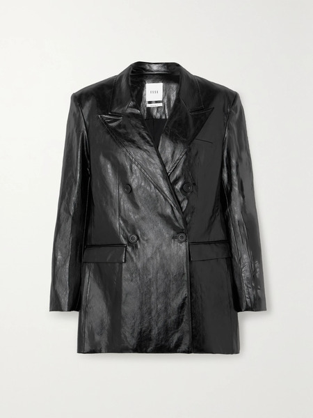  Esse Studios Esse Studios - Milos Double-breasted Crinkled Faux Leather Blazer - Black 