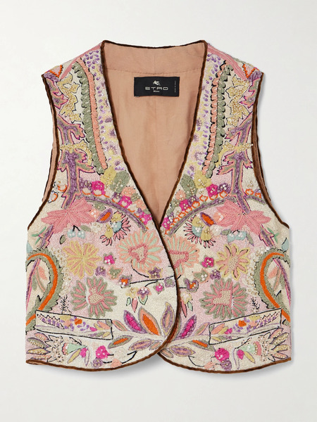  Etro Etro - Cropped Embellished Linen-bouclé Vest - Pink 