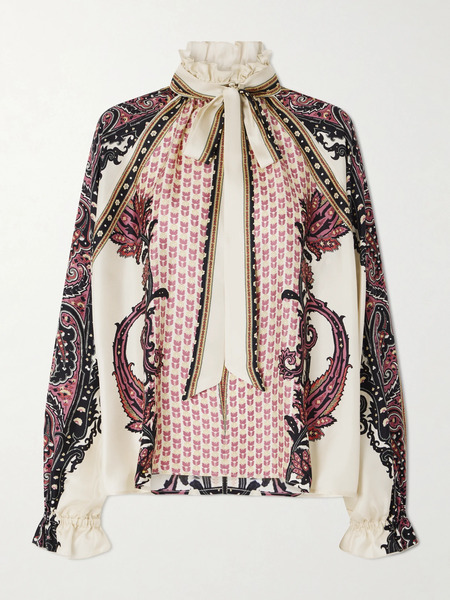  Etro Etro - Pussy-bow Ruffled Printed Silk-twill Blouse - Beige 