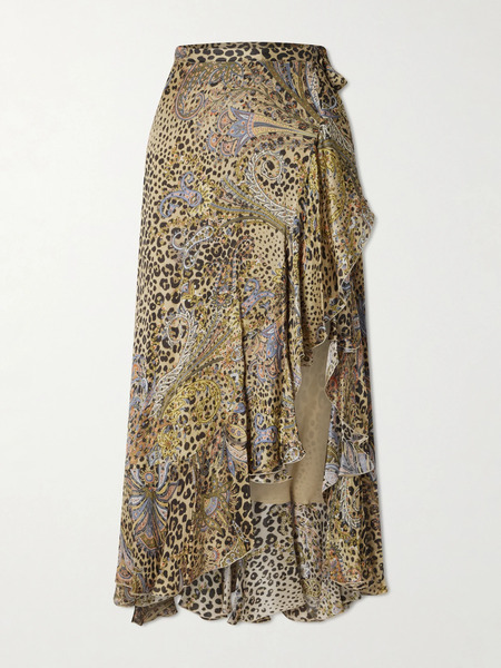  Etro Etro - Ruffled Leopard And Paisley-print Silk-satin Midi Wrap Skirt - Leopard Print 