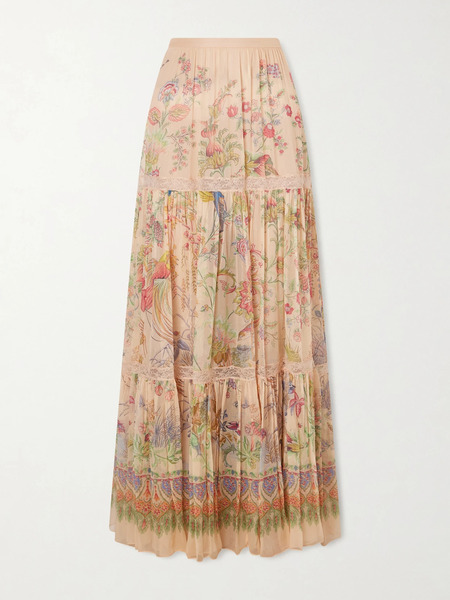  Etro Etro - Tiered Pleated Lace-trimmed Printed Silk Maxi Skirt - Multi 