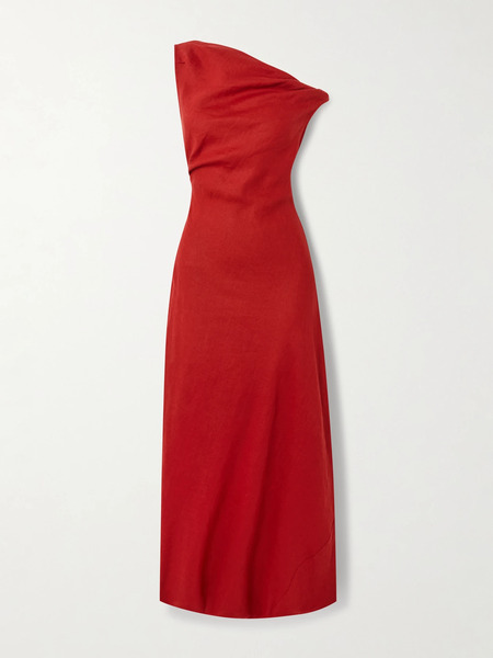  Faithfull Faithfull - Suis Off-the-shoulder Draped Linen Midi Dress - Red 