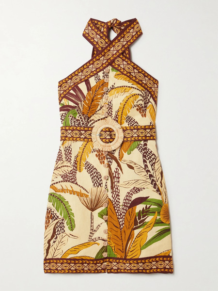  Farm Rio Farm Rio - Belted Printed Linen Halterneck Mini Dress - Beige 