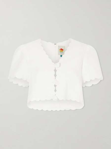  Farm Rio Farm Rio - Cropped Floral-appliquéd Scalloped Linen Top - Off-white 