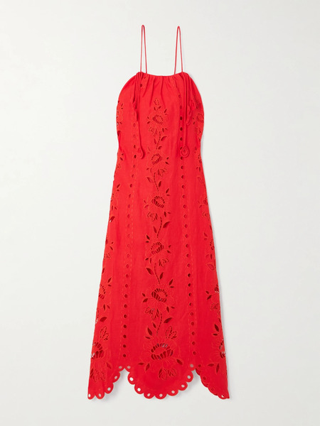 Farm Rio Farm Rio - Embellished Broderie Anglaise Linen-blend Midi Dress - Red 