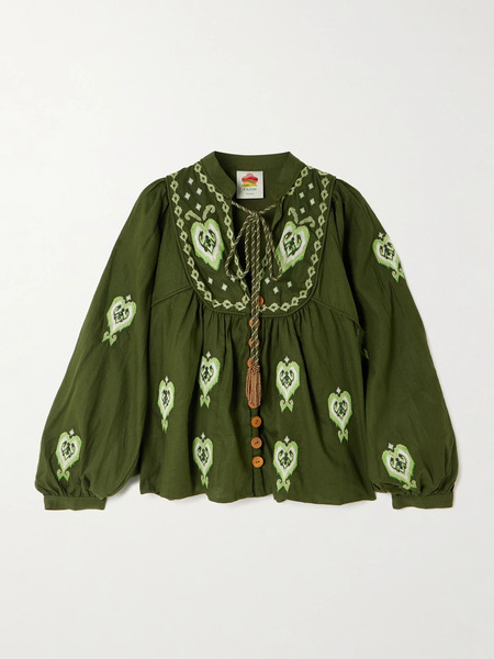  Farm Rio Farm Rio - Embellished Embroidered Linen-blend Blouse - Green 