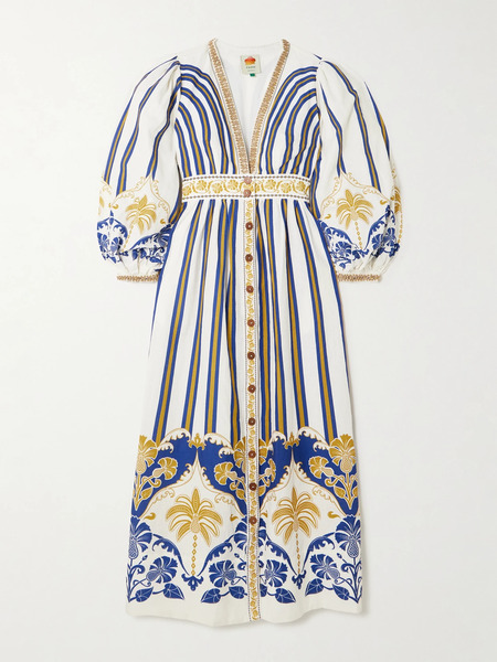  Farm Rio Farm Rio - Embellished Printed Linen-blend Midi Dress - Off-white 