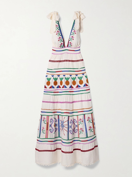  Farm Rio Farm Rio - Embroidered Tiered Linen-blend Maxi Dress - Off-white 