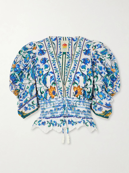  Farm Rio Farm Rio - Flora Tile Shirred Floral-print Cotton-poplin Blouse - Off-white 