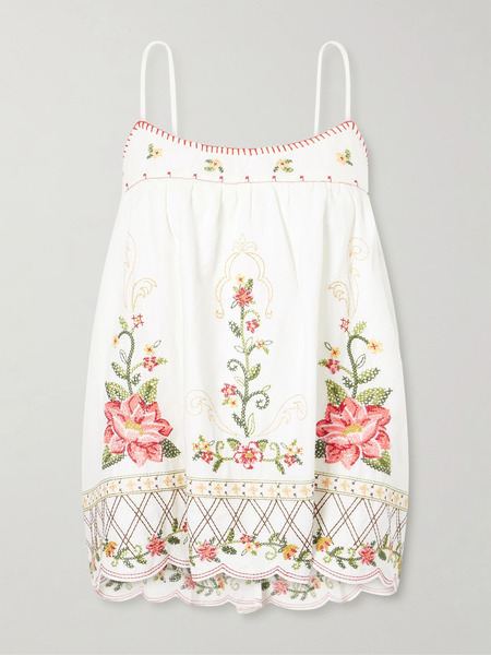  Farm Rio Farm Rio - Floral-embroidered Linen-blend Cami - Off-white 
