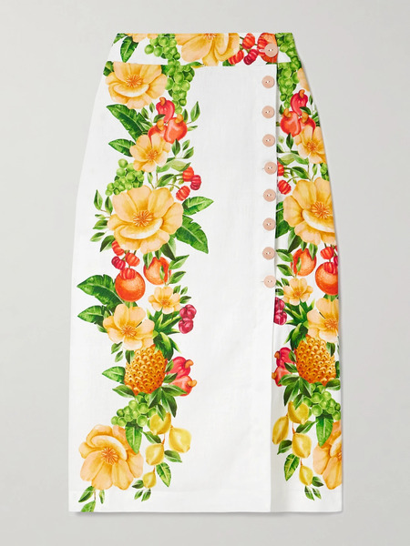  Farm Rio Farm Rio - Floral-print Linen Midi Wrap Skirt - Off-white 