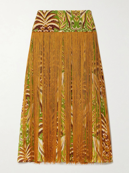  Farm Rio Farm Rio - Fringed Printed Satin Midi Skirt - Yellow 