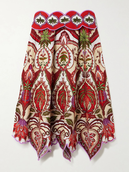  Farm Rio Farm Rio - Odara Scalloped Printed Linen-blend Midi Skirt - Red 
