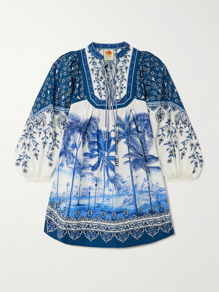  Farm Rio Farm Rio - Palm Tree Beach Printed Linen-blend Mini Dress - Blue 