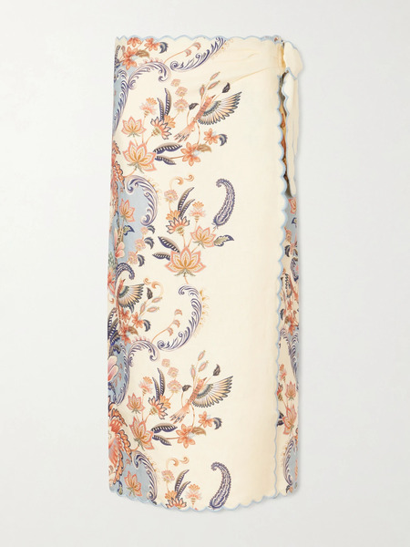  Farm Rio Farm Rio - Scalloped Printed Linen Wrap Midi Skirt - Cream 