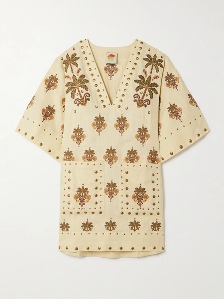  Farm Rio Farm Rio - Studded Embroidered Linen Mini Dress - Beige 